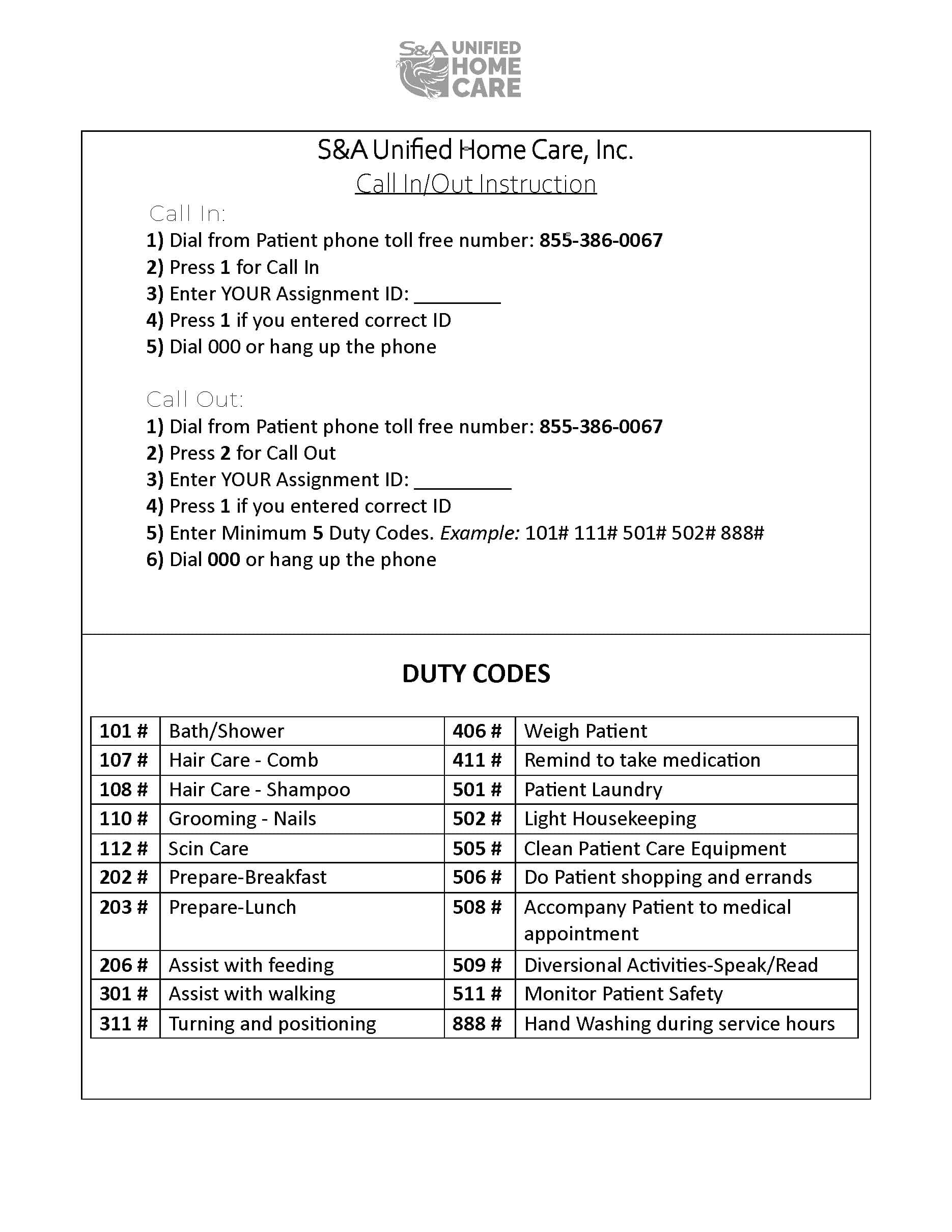 Step-by-step call-in / call-out instructions in English